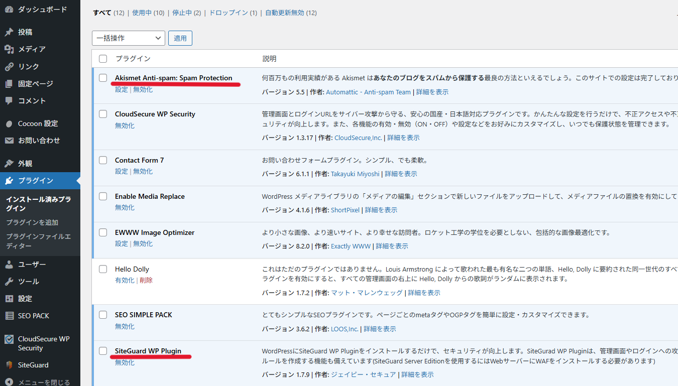 WordPressに必須プラグインAkismetとSiteGuardをインストールした画面