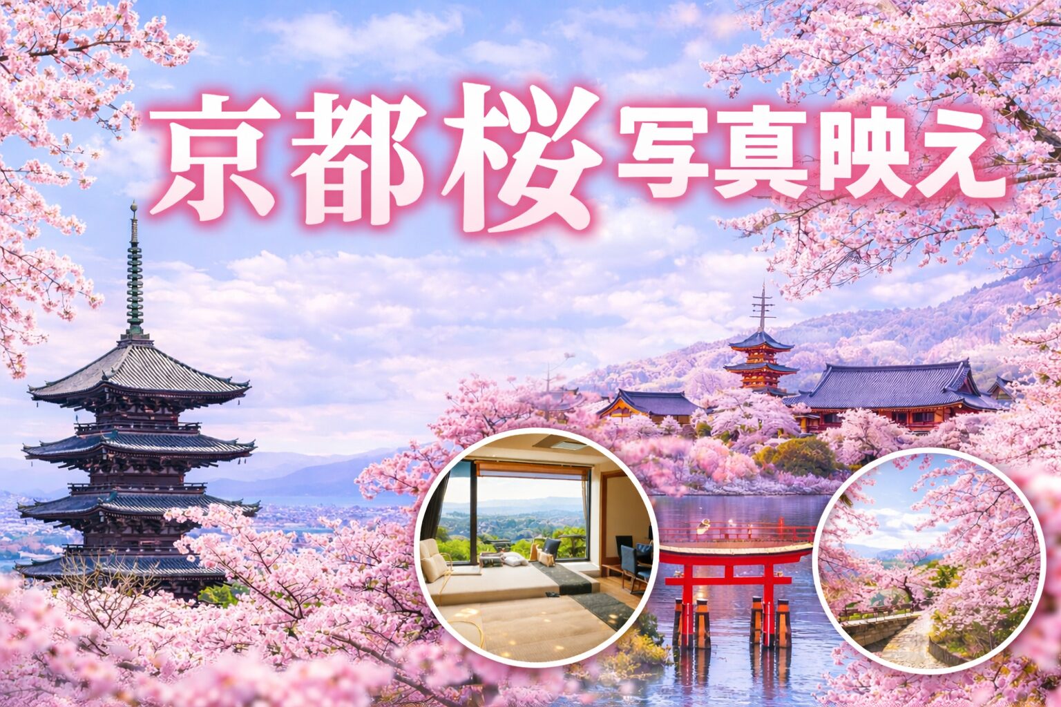 桜が満開の京都の風景。八坂の塔や寺院、湖と桜並木が写る春の京都らしい写真映えするアイキャッチ画像。