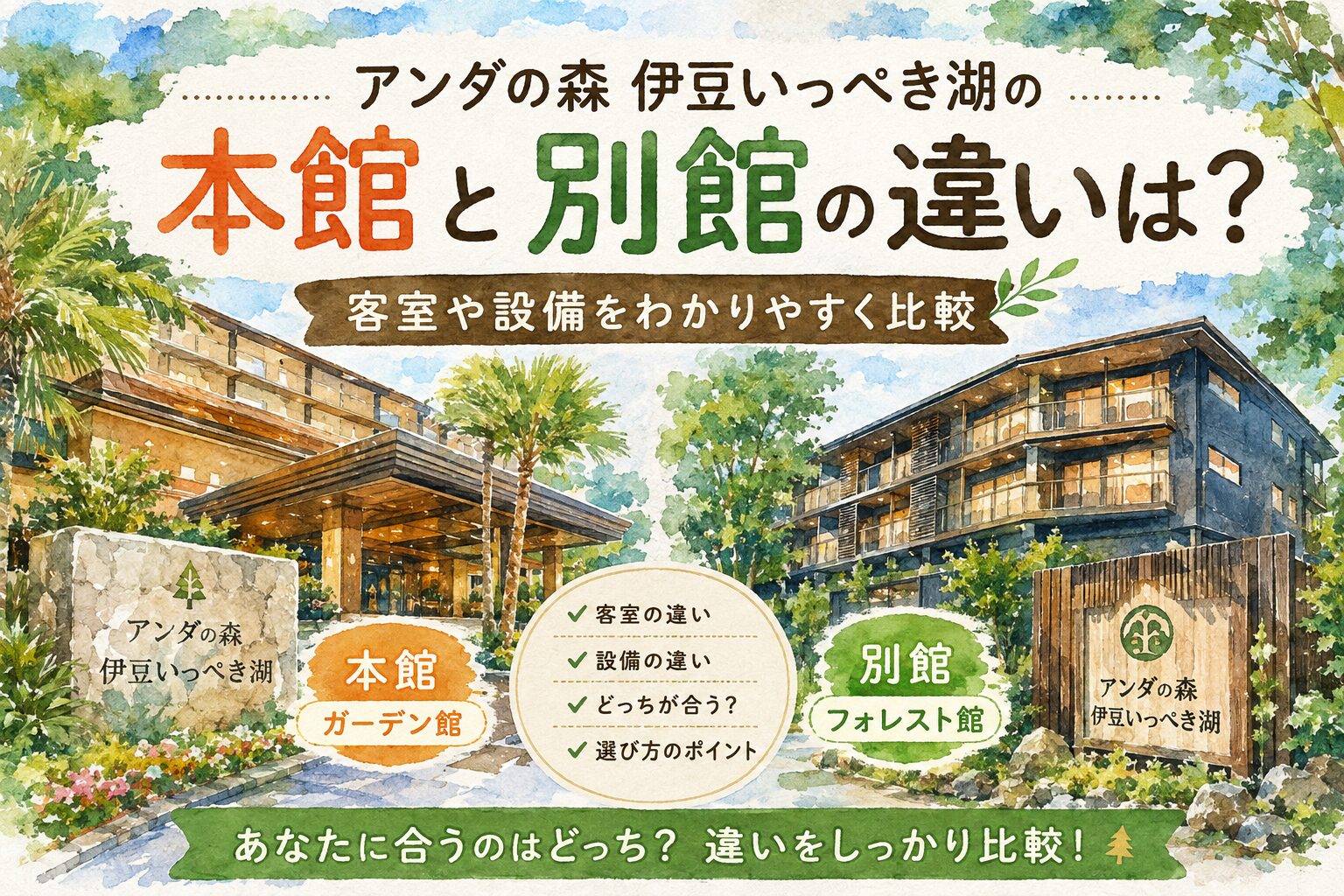 アンダの森 伊豆いっぺき湖の本館と別館について、客室や設備の違いを比較した水彩画風のアイキャッチ画像